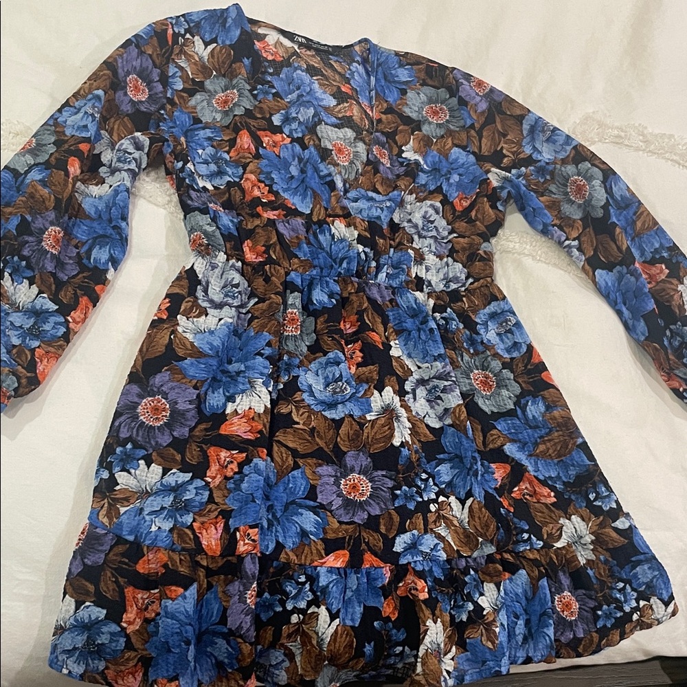 Zara Black Floral Dress with Blue and Orange Accents